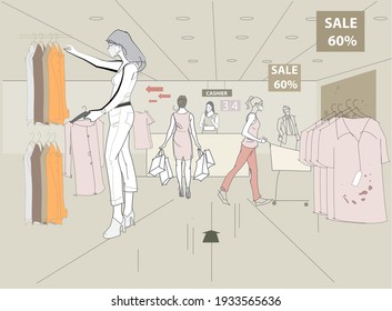 People Shopping In Clothing Store Wearing Masks, Embracing New Normal Life In A Post COVID-19 World