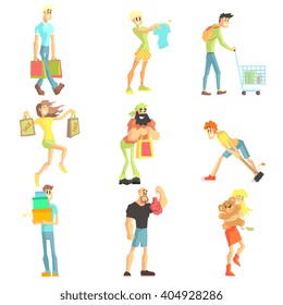 People Shopping Collection Of Funny Isolated Illustrations In Simple Geometric Style