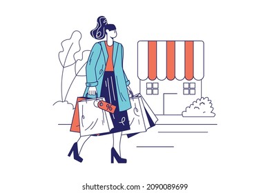 People shopping concept in flat line design for web banner. Woman making purchases and walking with shopping bags street near store, modern people scene. Vector illustration in outline graphic style