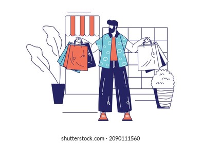 People shopping concept in flat line design for web banner. Man making purchases and holding shopping bags at store or boutique, modern people scene. Vector illustration in outline graphic style