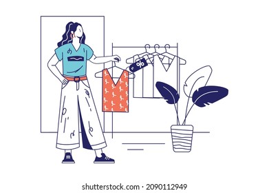 People shopping concept in flat line design for web banner. Woman choosing, trying and buying stylish clothes at store or boutique, modern people scene. Vector illustration in outline graphic style