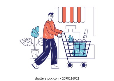 People shopping concept in flat line design for web banner. Man wheeling shopping cart with food in grocery store or supermarket, modern people scene. Vector illustration in outline graphic style