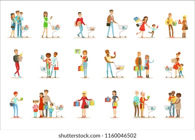 People Shopping In Department Store And Shopping Mall Set Of Cartoon Characters Buying Products And Objects In The Shop
