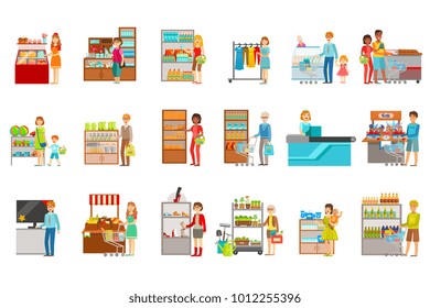 People Shopping In Department Store Set Of Illustrations