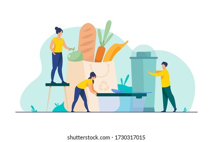 People shopping with eco friendly bag flat vector illustration. Sustainable plastic and organic food. Environment, future and recycling concept.