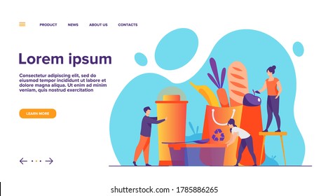 People shopping with eco friendly bag flat vector illustration. Sustainable plastic and organic food. Environment, future and recycling concept.