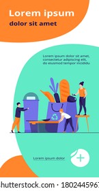People shopping with eco friendly bag flat vector illustration. Sustainable plastic and organic food. Environment, future and recycling concept.
