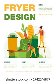People shopping with eco friendly bag flat vector illustration. Sustainable plastic and organic food. Environment, future and recycling concept.