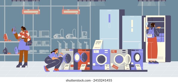 People shopping in electronic appliances store. Looking for household appliances, buying washing machine, iron and refrigerator. Cartoon vector flat illustration of retail business.