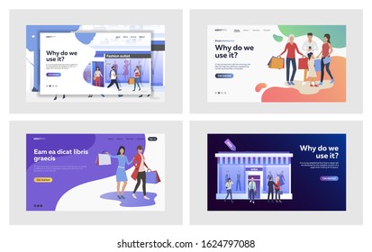 People shopping in fashion outlet set. Customers with bags walking at retail window. Flat vector illustrations. Clothing store, consumerism, sale concept for banner, website design or landing web page