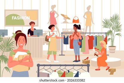 People shopping in fashion retail store, happy young woman holding shopping bags