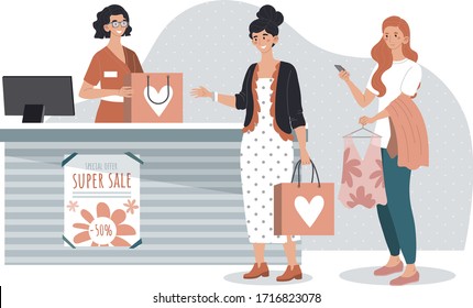 People shopping in fashion store, woman buying clothes in boutique, vector illustration. Sale in brand apparel shop, friendly cashier at checkout counter. Customer service, cartoon character assistant