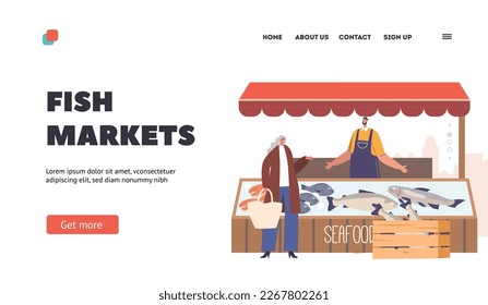 People Shopping at Fish Market Landing Page Template. Characters Buying Fresh Seafood. Shoppers Purchase Farm Products in Vibrant Atmosphere Of Community In The Air. Cartoon Vector Illustration