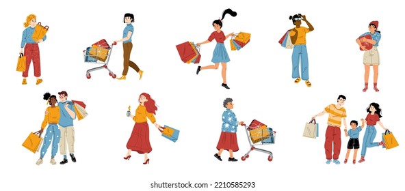 People shopping flat set isolated on white background. Vector illustration of young men, women, couple, senior lady, family with kid carrying bags with purchases, gift boxes. Mall customers having fun