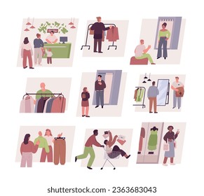 People shopping flat set with isolated compositions of clothes shop displays icons and characters of people vector illustration