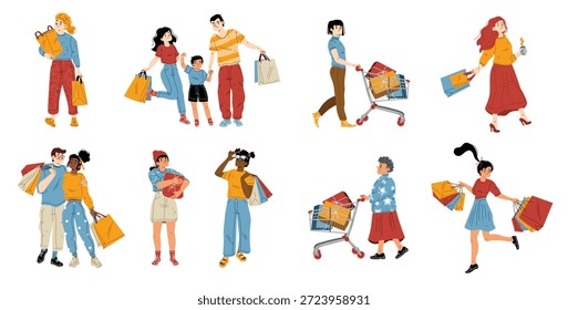 Conjunto plano de compras de Personas aislado sobre fondo blanco. Ilustración vectorial de hombres jóvenes, mujeres, pareja, señora mayor, familia con el cabrito que lleva los bolsos con las compras, cajas del regalo. Clientes del centro comercial que se divierten