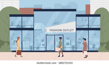 People shopping flat vector illustration. Cartoon man woman consumer buyer characters holding shopper bags, go to buy clothes at clothing fashion shop store on seasonal sale discounts background