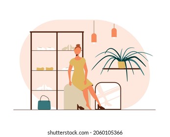 People shopping flat vector illustrations set. Shopper try on shoes in a clothing store. Clothing store, sale.