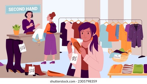 People shopping in flea market or second hand shop, eco sustainable fashion concept vector illustration. Cartoon woman customer buying clothes and shoes from counters of used goods store background