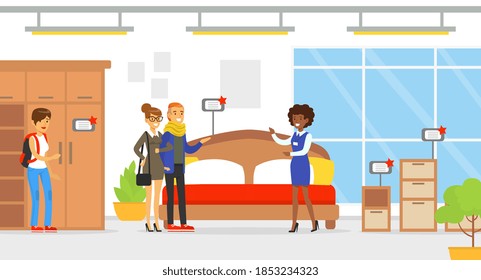 People Shopping in Furniture Store, Female Shop Assistant Helping Family Couple to Choose Bed Vector Illustration