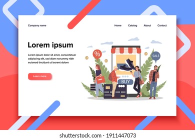 People shopping goods online using mobile application vector illustration. Customers ordering sneakers via internet with discount. Electronic commerce, internet shopping, website retailing