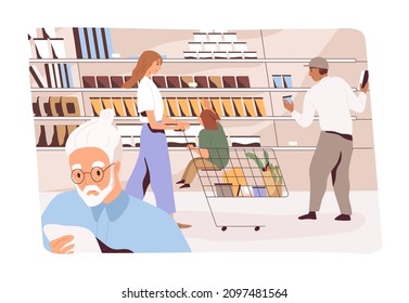 People shopping in grocery store. Customers with carts and trolleys choose and buy food in supermarket. Buyers walk in hypermarket aisle, make purchases in produce department. Flat vector illustration