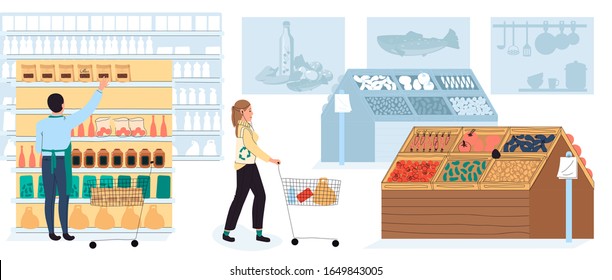 People shopping in grocery store, supermarket customer, vector illustration. Woman with shopping cart choosing food products in large supermarket. Hand drawn cartoon characters, grocery store scene