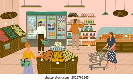 People shopping in grocery store or supermarket concept vector illustration. Organic shop with fruits and vegetables. Woman with trolley buying food. Shelves with food products and bakery