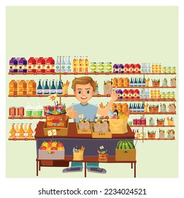 People shopping at the grocery store. Young man working in a supermarket. Vector illustration of a small local grocery store in city. Retail business concept with shopkeeper, store front.