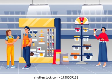 People shopping in hardware shop. Woman assistant standing and talking to man, girl choosing paint vector illustration. Tools and materials store interior design panorama.