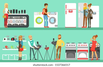 People Shopping for Household Appliances Set, Electronics Mall Interior with Customers Vector Illustration