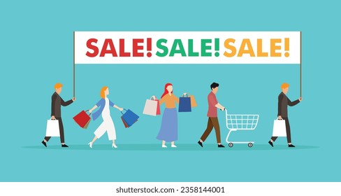 People shopping with a huge sale banner 2d vector illustration concept for banner, website, landing page, flyer, etc