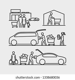 People Shopping Icons. Person Loading Goods Into A Car Trunk