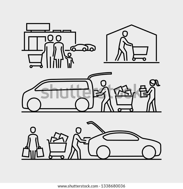 People shopping icons. Person loading goods into a\
car trunk