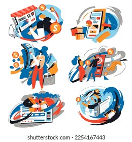 Las personas compran en internet usando sitios web y páginas. Negocios y comercio, compra y compra de bienes y productos en el mercado. Personajes que comercian con smartphones. Vector de estilo plano