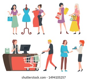 People shopping, isolated cashier counter and client with trolley and purchases. Fashion advisor and customer, dress on mannequin, shoes offer. Vector illustration in flat cartoon style