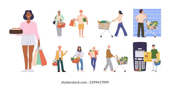 People shopping isolated set with male and female cartoon characters doing grocery purchases