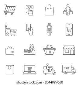 People shopping, line icon set. Selection, payment and delivery of goods. Web design, mobile app. Vector illustration. Eps10