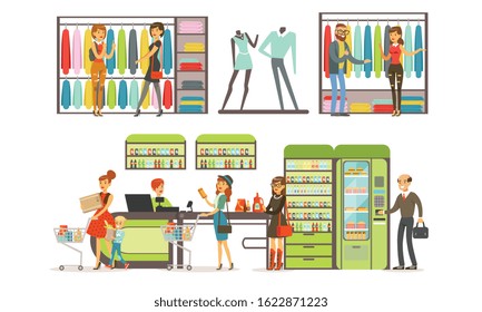 People Shopping in a Mall Collection, Male and Female Customers Buying Clothes and Groceries in Store Vector Illustration