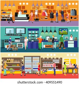 People shopping in a mall concept. Consumer electronics store Interior. Colorful vector illustration. Customers buy products in food supermarket.