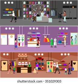 People shopping in a mall concept. Store Interior. Colorful vector illustration. Design elements and banners in flat style.