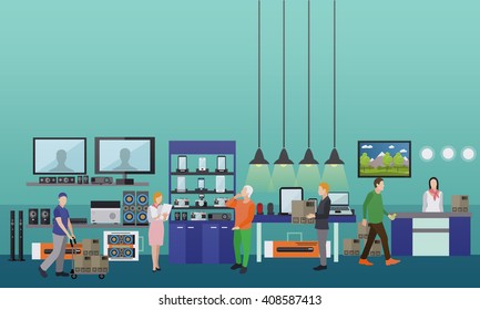 People Shopping In A Mall.  Consumer Electronics Store Interior Vector Illustration. Design Elements And Banners In Flat Style.