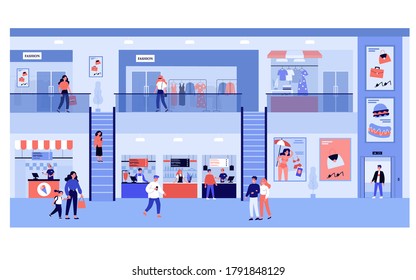 Gente haciendo compras en el centro comercial. Clientes que caminan en el supermercado en la planta baja y en la tienda de moda en el piso superior. Ilustración de vectores para el comercio minorista, interior de edificios comerciales, concepto de mercado