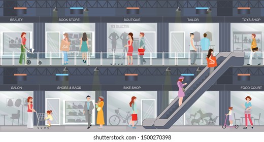 People shopping in a Shopping mall with modern retail store .Shopping interior center buiding design, restaurant and boutique, Shop, shopping center, mall, supermarket, vector illustration.