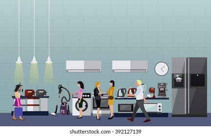 People Shopping In A Mall. Poster Concept. Consumer Electronics Store Interior. Colorful Vector Illustration. Design Elements And Banners In Flat Style. Laptop, TV, Wash Machine, Phone.