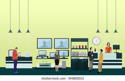 People shopping in a mall. Poster concept. Consumer electronics store Interior. Colorful vector illustration. Design elements and banners in flat style.