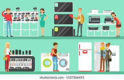 People Shopping In A Mall Set, Men And Women Choosing And Buying Electronics And Household Appliances In Store, Electronics Mall Interior With Customers Vector Illustration