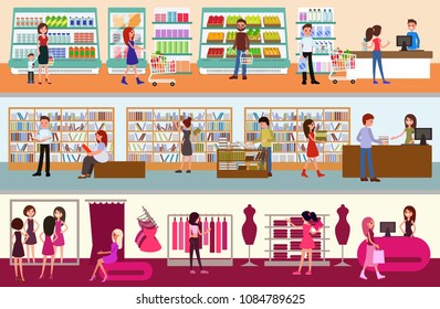 People shopping at the mall. Supermarket, a boock store, a clothing store. Happy customers. A mall Interior set of the vector illustrations.