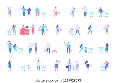 People Shopping At Mall Or Supermarket. Flat Vector Character Set.
