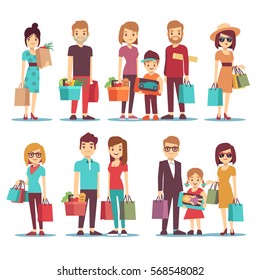 People shopping in mall vector cartoon characters set. Family with children and shopping bags. Illustration of woman in shopping.